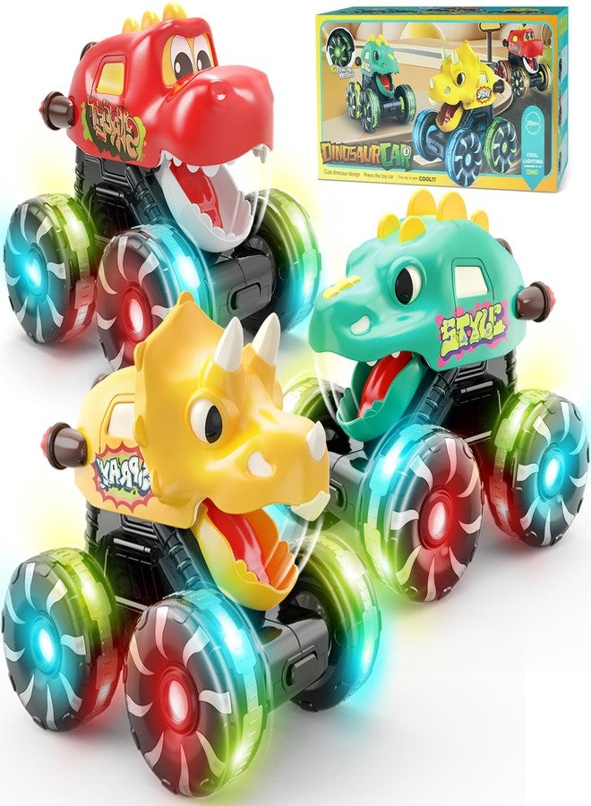 Intoypad 3 Pack Dinosaur Car Toys for Kids Toddlers, Light up Wheels Monster Truck Toys for Boys 2 3 4 5 6 7 8 Years Old Christmas Birthady Gifts Press & Go Dino Trucks Toy for Toddler Boy Baby - Image 1